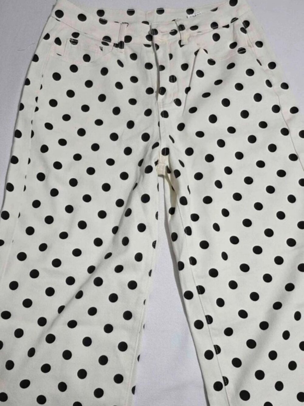 Women Off White Polka Dot Wide Leg Jeans Cotton High Waist Casual Pants - Picture 5 of 7